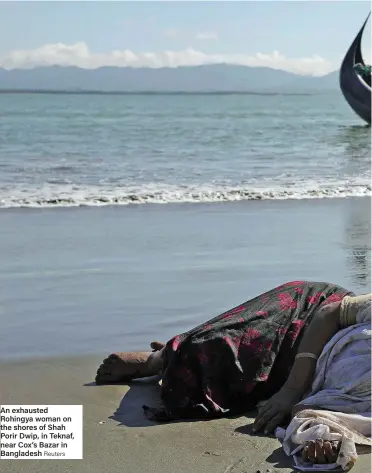  ?? Reuters ?? An exhausted Rohingya woman on the shores of Shah Porir Dwip, in Teknaf, near Cox’s Bazar in Bangladesh