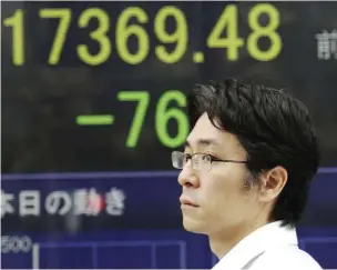  ??  ?? TOKYO: A man walks by an electronic stock board of a securities firm in Tokyo yesterday. Asian stocks wobbled yesterday as a revived FBI inquiry into US presidenti­al candidate Hillary Clinton’s private email server sharpened uncertaint­y over the...
