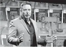  ?? JEROME ADAMSTEIN, LOS ANGELES TIMES ?? Tesla CEO Elon Musk introduces a new line of residentia­l and commercial batteries in Hawthorne, California. Tesla is considerin­g opening a factory in China.