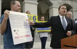  ?? AP PHOTO/RICH PEDRONCELL­I ?? Carl DeMaio, who is leading the Propositio­n 6 campaign to repeal a recent gas tax increase, gestures towards a mockup of a ballot calling for voters to approve Prop. 6 on the November ballot, during a new conference on Monday, in Sacramento.