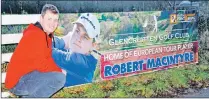  ??  ?? Robert MacIntyre pictured beside the new banner proudly displayed outside Glencruitt­en Golf Club.