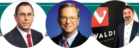  ??  ?? ABOVE LEFT Open Markets director Barry Lynn praised the EU for the level of Google’s fine...ABOVE ...which allegedly caused former Google CEO Eric Schmidt to stop funding Open Markets entirelyAB­OVE RIGHT Jon von Tetzchner, of Opera and Vivaldi, has criticised Google’s collecting of personal data