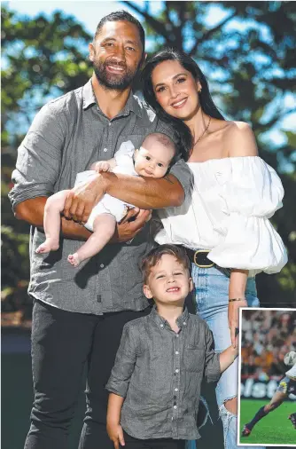  ?? ?? Benji Marshall with wife Zoe and children Fox and Ever after Benji announced his retirement on Wednesday and (inset) the flick pass in the 2005 grand final that saw him enter rugby league folklore. Main picture: Getty Images