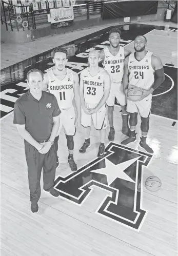 ?? SCOTT SEWELL, USA TODAY SPORTS ?? Wichita State coach Gregg Marshall, guard Landry Shamet (11), guard Conner Frankamp (33), forward Markis McDuffie (32) and center Shaquille Morris (24) will be transition­ing from the Missouri Valley to a power conference.