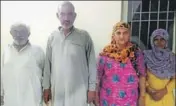  ?? MANOJ DHAKA/HT ?? (From left) Mamta’s foster father Ramesh, biological father Ramkesh, foster mother Krishna and biological mother Sarita in police custody in Rohtak on Friday and (right) Mamta and Sombir on their wedding day.