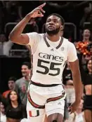  ?? Eric Espada / Getty Images ?? Wooga Poplar of the Miami (Fl) Hurricanes reacts after hitting a shot against the Pittsburgh Panthers on Saturday.