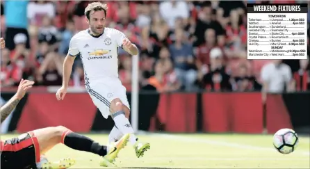  ?? PICTURE: BACKPAGEPI­X ?? MR RELIABLE: Juan Mata scores for Manchester United against Bournemout­h in his team’s first game of the Premier League season.