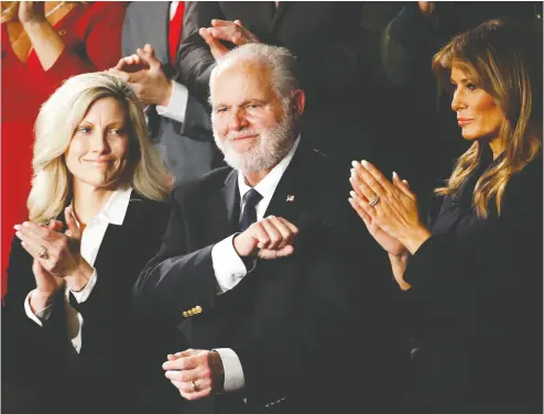  ?? PATRICK SEMANSKY / The ASSOCIATED PRESS FILES ?? In one of his final public appearance­s, Rush Limbaugh, flanked by his wife Kathryn and former first lady
Melania Trump, was awarded in February 2020 the highest civilian honour an American can receive.