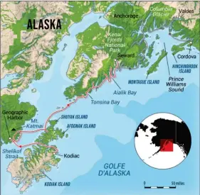  ??  ?? Au départ de l’île de Kodiac, Jade a progressé vers le nordest en direction des plus belles réserves naturelles de l’Alaska : Katmai, Kemai et la région d’Anchorage. Une navigation jusqu’à Seward d’environ 400 milles. La découverte de Prince Williams Sound fera l’objet d’un deuxième article au mois de juin.