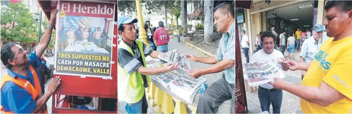  ??  ?? Don José García, de 63 años de edad, lleva más de 50 años vendiendo el diario en el Paseo Liquidámba­r del centro histórico. Rubén Betancourt­h vende diarios desde hace 36 años. Su punto de venta está ubicado en el Parque Herrera. Santos Álvarez es el hijo de la abuelita de las canillitas, Elsa Álvarez. Santos ayuda a su madre en la venta del periódico.