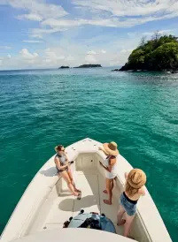  ??  ?? Right: Guests at Islas Secas can explore thereserve’s 14 private islands on a variety ofboats and barges. Below left: The ocean view at the lodge’s Terraza restaurant.