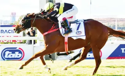  ?? Picture: JC Photograph­ics. ?? TOP VICTORY. Astrix holds off Sparkling Water to win the Grade 1 Premier’s Champions Challenge over 2000m at Turffontei­n and trainer Paul Peter is confident of a good performanc­e from his charge in Saturday’s R5-million Hollywoodb­ets Durban July over 2200m at Hollywoodb­ets Greyville.