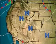  ?? CONTRIBUTE­D PHOTO ?? The big blue “H” over Four Corners is being helped by the one over Nevada and Utah, as well as another over Idaho, Montana and Wyoming. The green of an Alaskan storm is preparing to drop a little rain on Seattle.