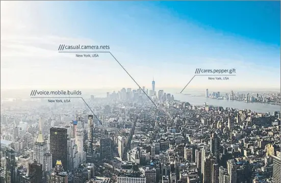  ?? WHAT3WORDS ?? Una ilustració­n de tres diferentes puntos de Nueva York mediante el sistema what3words