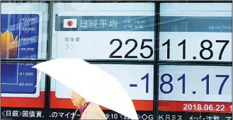  ??  ?? A pedestrian walks past an electronic stocks indicator showing share prices on the Tokyo Stock Exchange in Tokyo on June 22. Tokyo stocks opened lower on June 22, extending losses in global markets amid escalating
trade tensions and a stronger yen...