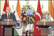  ?? SONU MEHTA/HT PHOTO ?? Prime Minister Narendra Modi and Turkish President Recep Tayyip Erdogan address the media at Hyderabad House in New Delhi on Monday.