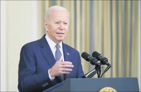  ?? SUSAN WALSH — THE ASSOCIATED PRESS ?? President Joe Biden speaks from the State Dining Room of the White House in Washington, Sept. 3, on the August jobs report.