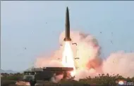  ?? KOREAN CENTRAL NEWS AGENCY ?? Pyongyang conducts a “strike drill” of multiple launchers into the East Sea on Saturday.