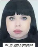  ??  ?? VICTIM: Elena Vashrushev­a was killed and cut up