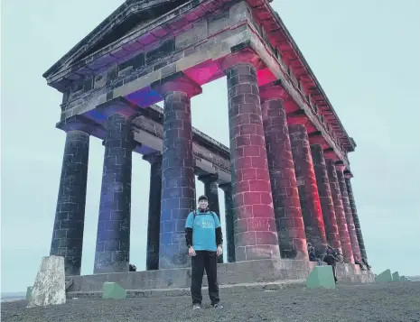  ??  ?? Sergeant Major David Ansell at the top of Penshaw Monument on one of his walks as he raises funds for Cancer Research UK.