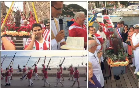  ?? (Photos Gaëlle Arama) ?? La procession des jouteurs et rameurs vers la mer où tous ont embarqué pour participer à la traditionn­elle bénédictio­n sur l’eau.