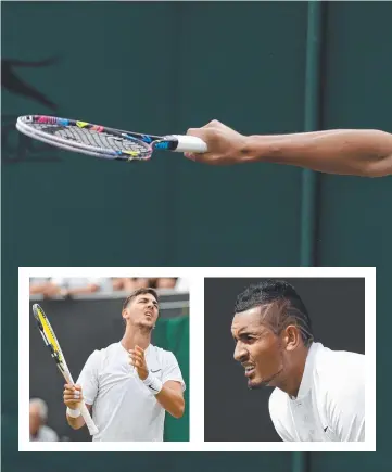  ??  ?? Bernard Tomic returns to Germany's Mischa Zverev during their Men's Singles match on day two at Wimbledon. Inset: Thanasi Kokkinakis (left) and Nick Kyrgios.