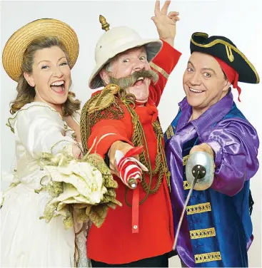  ??  ?? Clashing swords and trading barbs ahead of a unique Australian performanc­e of “The Pirates of Penzance” at Neerim Junction Hall are (from left) Alison Jones, Brian Hannan and Philip Gould.