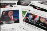  ?? JON ELSWICK — THE ASSOCIATED PRESS ?? Some of the Facebook and Instagram ads linked to a Russian effort to disrupt the American political process and stir up tensions around divisive social issues are released by members of the U.S. House Intelligen­ce committee Washington on Wednesday.