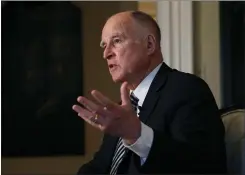  ?? RICH PEDRONCELL­I THE ASSOCIATED PRESS ?? California’s governor at the time, Jerry Brown, speaks during an interview in 2018. A law that Brown spearheade­d, which required corporate boards of directors to include women, has been declared unconstitu­tional — a possibilit­y that Brown acknowledg­ed when he signed the bill creating the law to make a statement during the height of the #MeToo movement.