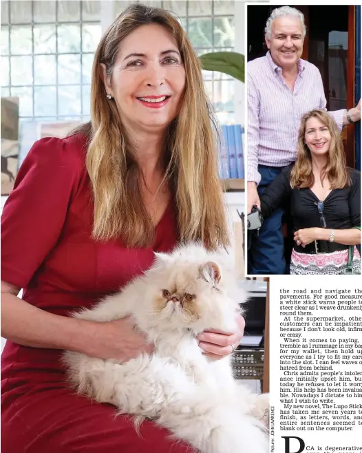  ??  ?? Free spirit: Valerie, with her cat, Bear, copes with dementia helped by husband Chris, inset