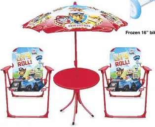  ??  ?? Have fun lounging outdoor with this Paw Patrol patio set, which includes a table with umbrella and two folding patio chairs.