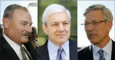  ?? FILE — THE ASSOCIATED PRESS ?? This combinatio­n photo shows former Penn State Vice President Gary Schultz, left, former Penn State Director of Athletics Tim Curley, right, and former Penn State President Graham Spanier, center, in Harrisburg, Pa. Curley and Schultz each pleaded...