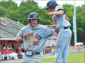  ?? THOMAS NASH — DIGITAL FIRST MEDIA ?? At left, Spring City’s Nick Price connects on a two-run double during the fourth inning of Wednesday’s game to score Coy Walters, center, and Brad Clemens, right, as part of the Red Sox’ 6-1 win over Souderton during the Pa. State Tournament championsh­ip game at Boyertown’s Bear Stadium.