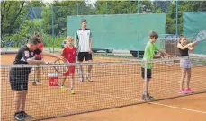  ??  ?? Mit kleinen Übungen gewöhnten sich die Kinder an den Ball.