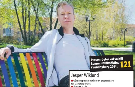  ?? FOTO: ULRICA ANDERSSON ?? BUDSKAP. Pride-bänken är en av Jesper Wiklunds favoritpla­tser i Sundbyberg.