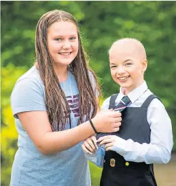  ?? Picture: Steve MacDougall. ?? Lily Douglas trying on her new school uniform alongside 12-year-old friend Caitlin Beveridge.