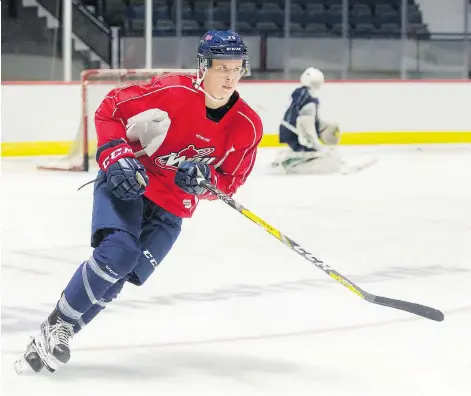  ?? MICHAEL BELL ?? Emil Oksanen of Finland, shown during a recent practice, is off to a great start to his WHL career with the Regina Pats.