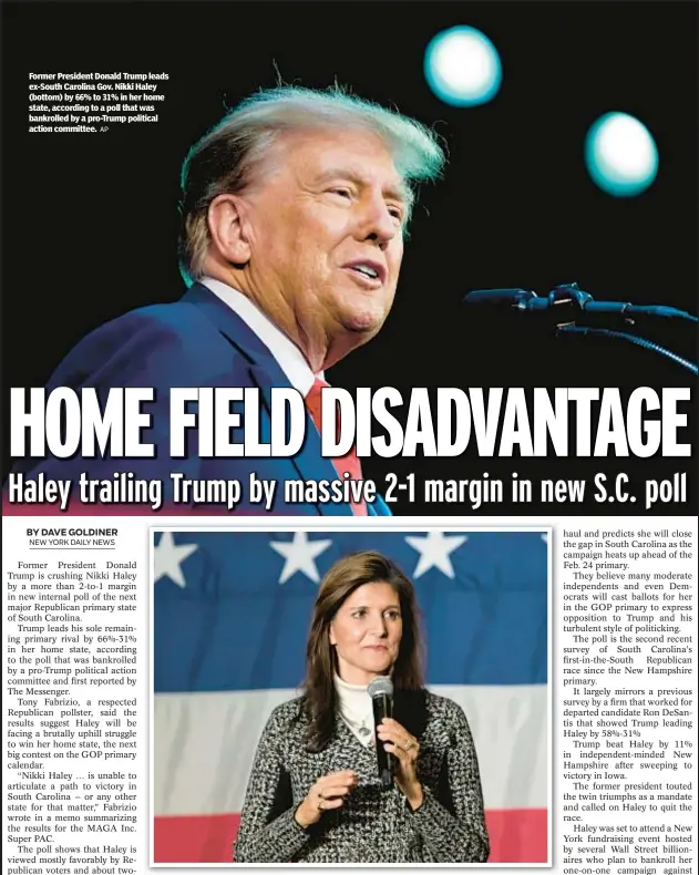 ?? AP ?? Former President Donald Trump leads ex-South Carolina Gov. Nikki Haley (bottom) by 66% to 31% in her home state, according to a poll that was bankrolled by a pro-Trump political action committee.