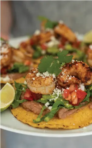  ?? ?? Grilled Shrimp Tostadas with Guacamole and Pico de Gallo