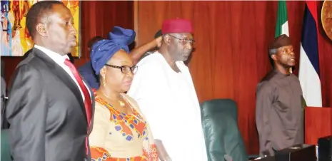  ?? Photo: Felix Onigbinde ?? From left: National Security Adviser, Maj. Gen. Babagana Monguno rtd; Head of Service, Mrs. Winifred Oyo-Ita; Chief of Staff to the President, Mallam Abba Kyari and Ag. President Yemi Osinbajo during the Federal Executive Council meeting held at the...