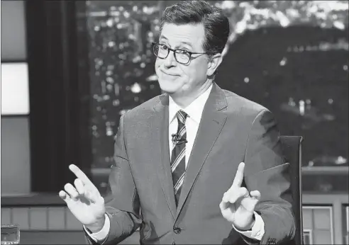  ?? CBS ?? Stephen Colbert has feasted on Trump takedowns, his ratings soaring more than 20 percent to reach No. 1 in his time slot in the first quarter of 2018.