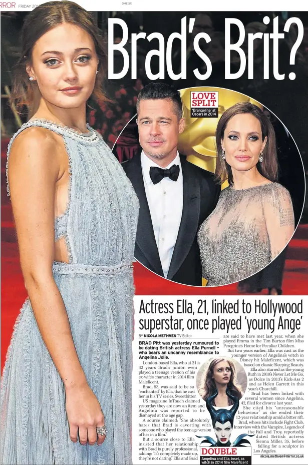  ??  ?? RISING STAR Ella at BAFTAS bash in February LOVE SPLIT ‘Brangelina’ at Oscars in 2014 DOUBLE Angelina and Ella, inset, as witch in 2014 film Maleficent