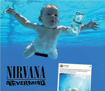  ?? FOTO: UNIVERSAL
FOTO: TWITTER/
@JOHNCHAPPL­E ?? Das Album-Cover von Nirvanas „Nevermind“: Im Original ist das Kleinkind nackt. Spencer Elden stellte das ikonische Bild 2016 nach.