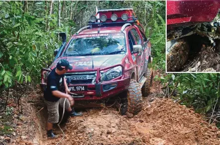  ??  ?? Isuzu media convoy leader Hilary Francis pulling out the D-Max Red Monster’s winch cable and (inset), crew members repairing a broken axle.