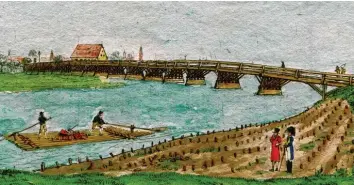  ??  ?? Die Lechhauser Lechbrücke im Jahr 1808: Ein Floß passiert das Areal des neuen Flößerpark­s. Der Kupferstic­h zeigt hier eine Neu‰ pflanzung nach einem Hochwasser im Oktober 1807.