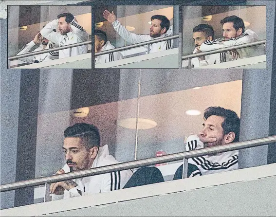  ?? FOTO: PERE PUNTÍ ?? Leo Messi, junto a su compañero Lanzini, vio desde un palco del Wanda el partido, que por momentos le llegó a desesperar por el mal fútbolGera­r practicado por su selección