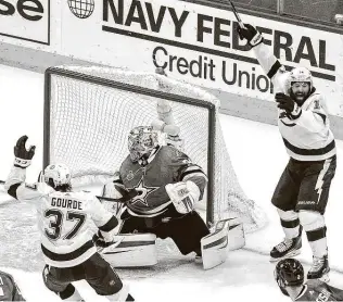  ?? Bruce Bennett / Getty Images ?? The Lightning’s Pat Maroon, right, celebrates the game-winning goal by Kevin Shattenkir­k in overtime. Tampa Bay has a chance to win its second Stanley Cup tonight in Game 5.