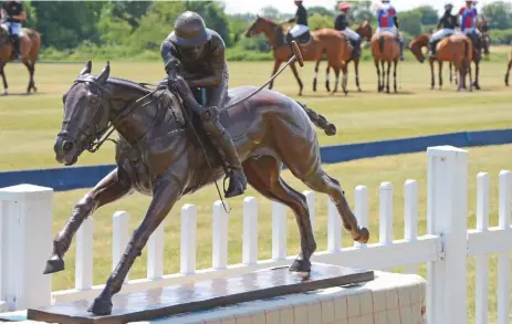  ??  ?? Clockwise from top: Juliet Cursham’s quarter-life-size sculpture of Frankel and jockey Tom Queally; Polo Pony; Huntsman and hound; Elephant Polo