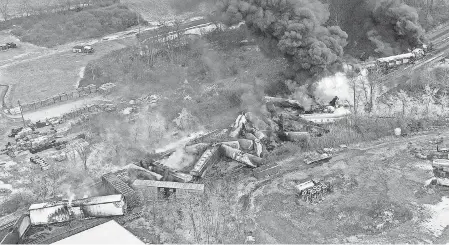  ?? GENE J. PUSKAR/ AP ?? This drone photo shows portions of a Norfolk and Southern freight train that derailed Friday night in East Palestine, Ohio are still on fire at mid- day Saturday. Officials planned to release toxic chemicals from some of the cars.