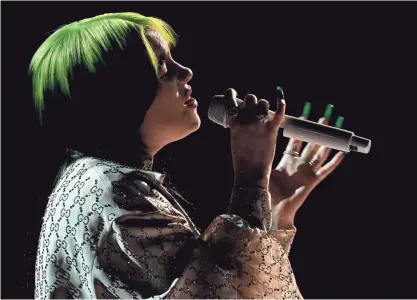  ??  ?? Billie Eilish performs “When the Party’s Over” at the Grammy Awards.